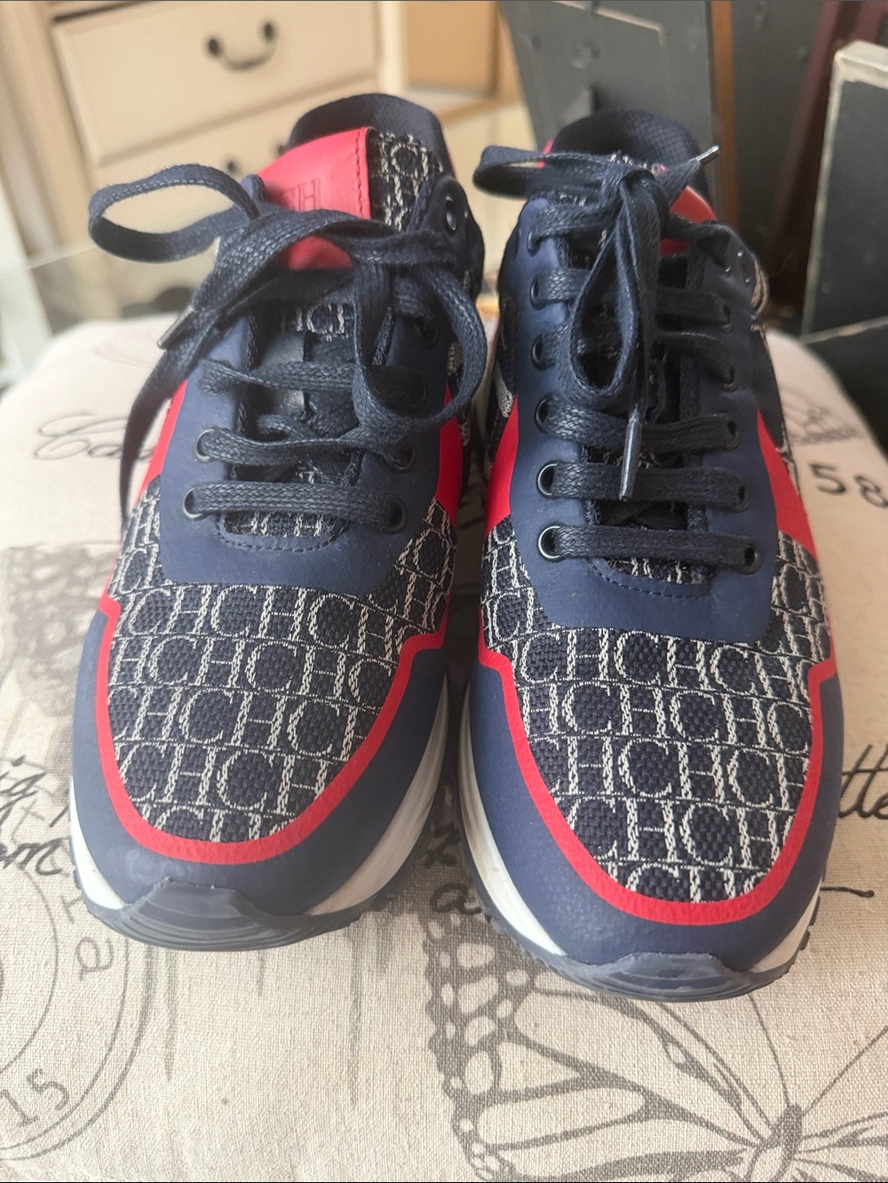 Carolina Herrera Navy and Red CH Logo Sneakers